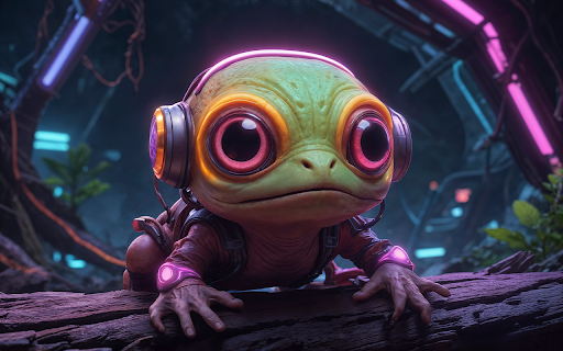 Surreal half frog wearing headphones  from Chrome web store to be run with OffiDocs Chromium online