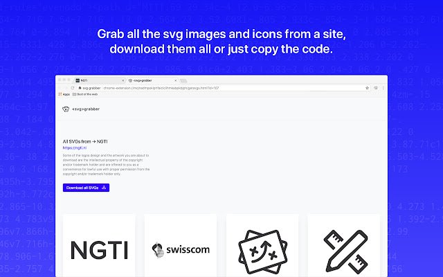 svg grabber احصل على جميع ملفات svgs من موقع من متجر Chrome الإلكتروني ليتم تشغيله باستخدام OffiDocs Chromium عبر الإنترنت