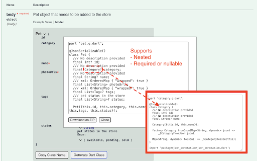 Swagger Dart Class Generator from Chrome web store to be run with OffiDocs Chromium online Swagger Dart Class Generator from Chrome web store to be run with OffiDocs Chromium online