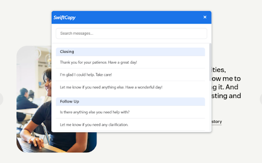 SwiftCopy Smart Message Template Manager from Chrome web store to be run with OffiDocs Chromium online SwiftCopy Smart Message Template Manager from Chrome web store to be run with OffiDocs Chromium online