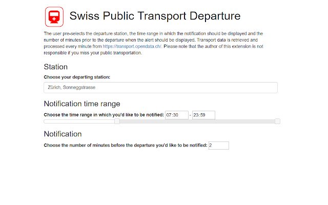 Swiss Public Transport Departure from Chrome web store to be run with OffiDocs Chromium online Swiss Public Transport Departure from Chrome web store to be run with OffiDocs Chromium online