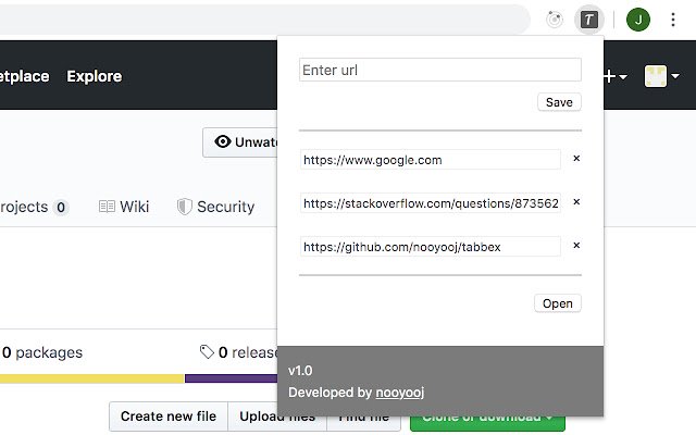 Chrome ウェブストアの Tabbex Favorite URL Saver を OffiDocs Chromium online で実行