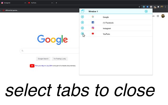 Chrome 网上商店的 Tab Closer 和 Selector 将与 OffiDocs Chromium online 一起运行