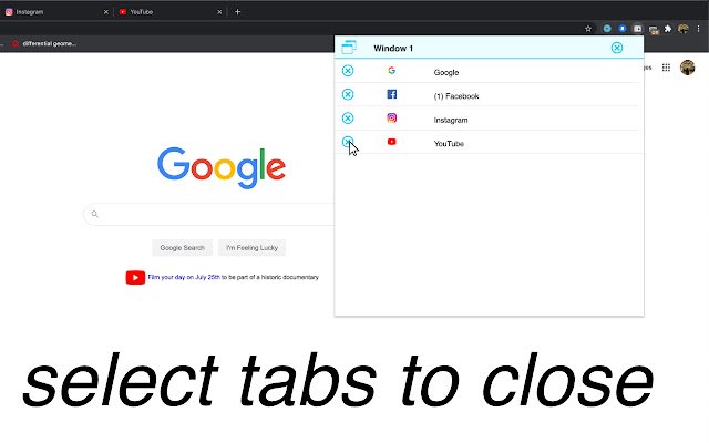 Tab Closer et Selector de la boutique en ligne Chrome à exécuter avec OffiDocs Chromium en ligne