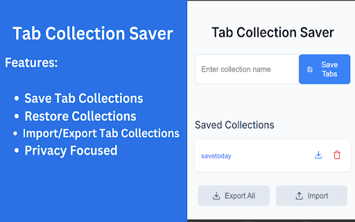 Tab Collection Saver from Chrome web store to be run with OffiDocs Chromium online Tab Collection Saver from Chrome web store to be run with OffiDocs Chromium online