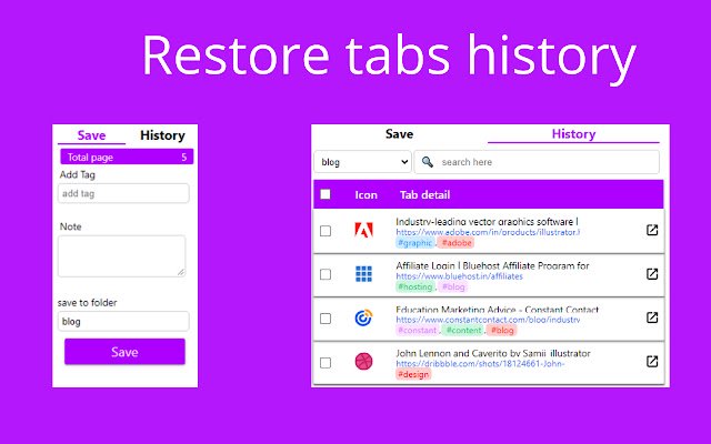 Tab-Verlauf Unbegrenzte Wiederherstellung von Tabs aus dem Chrome-Webshop zur Ausführung mit OffiDocs Chromium online
