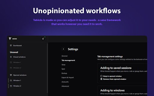 Tabiola: Manage Tabs, Groups, Windows  Sessions  from Chrome web store to be run with OffiDocs Chromium online