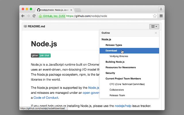 Table of Contents for GitHub  from Chrome web store to be run with OffiDocs Chromium online