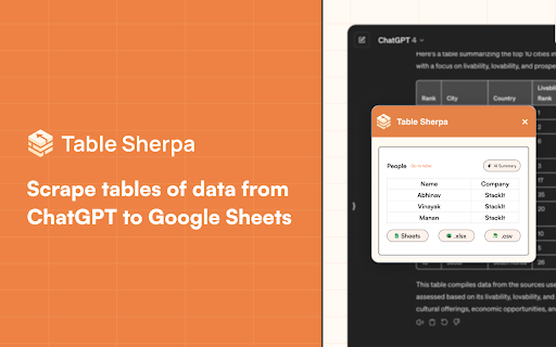 TableSherpa: Web to Sheets Exporter  from Chrome web store to be run with OffiDocs Chromium online