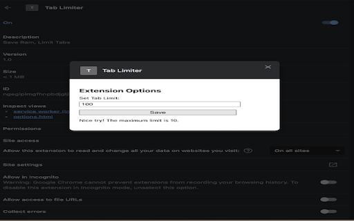Tab Limiter 10  from Chrome web store to be run with OffiDocs Chromium online