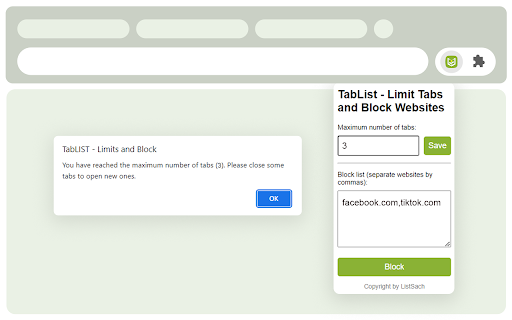 TabLIST Limits and Block  from Chrome web store to be run with OffiDocs Chromium online