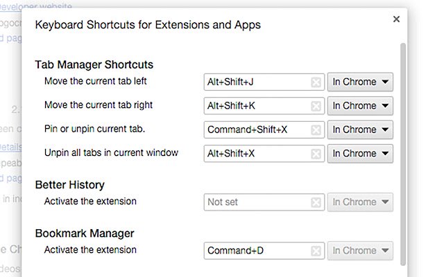 Tab Manager Shortcuts  from Chrome web store to be run with OffiDocs Chromium online