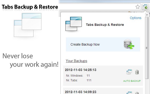 Tabs Backup Restore, Tom ze sklepu internetowego Chrome do uruchomienia z OffiDocs Chromium online