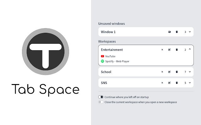 يتم تشغيل TabSpace من متجر Chrome الإلكتروني مع OffiDocs Chromium عبر الإنترنت