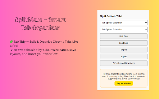 Tab Splitter  from Chrome web store to be run with OffiDocs Chromium online