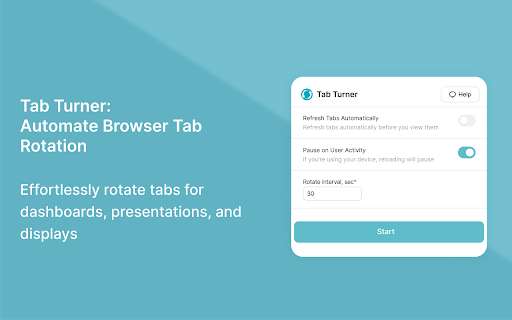 Tab Turner Rotate Browser Tabs for Dasboards and Office Displays from Chrome web store to be run with OffiDocs Chromium online Tab Turner Rotate Browser Tabs for Dasboards and Office Displays from Chrome web store to be run with OffiDocs Chromium online