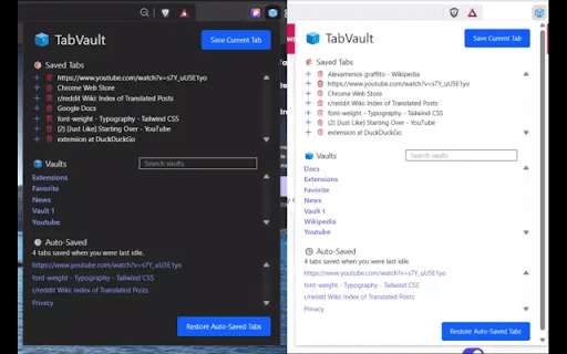 TabVault  from Chrome web store to be run with OffiDocs Chromium online