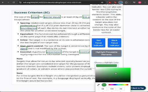 Target Size Minimum  from Chrome web store to be run with OffiDocs Chromium online