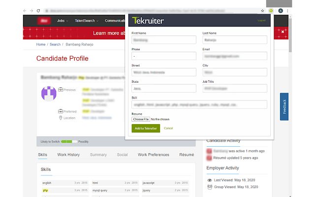 Tekruiter Contatti Jobs Estensione dal negozio web di Chrome da eseguire con OffiDocs Chromium online