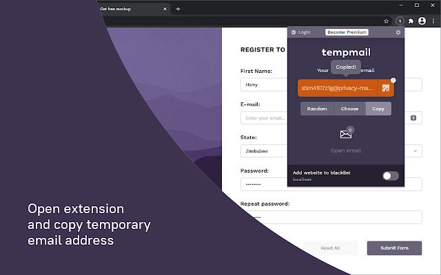 Temp Mail  from Chrome web store to be run with OffiDocs Chromium online