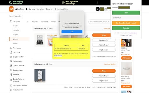 Temu Invoice Downloader  from Chrome web store to be run with OffiDocs Chromium online