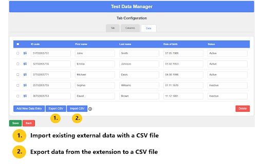 Test data manager  from Chrome web store to be run with OffiDocs Chromium online