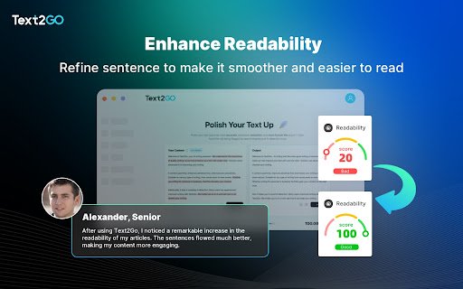 Text2Go: AI Content Rewriter  Grammar Checker Tool  from Chrome web store to be run with OffiDocs Chromium online