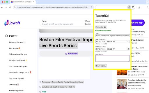 Text to iCal  from Chrome web store to be run with OffiDocs Chromium online