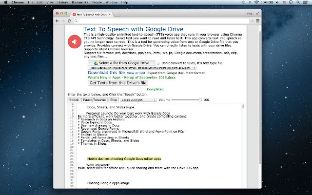 טקסט לדיבור עם Google Drive מחנות האינטרנט של Chrome להפעלה עם OffiDocs Chromium באינטרנט