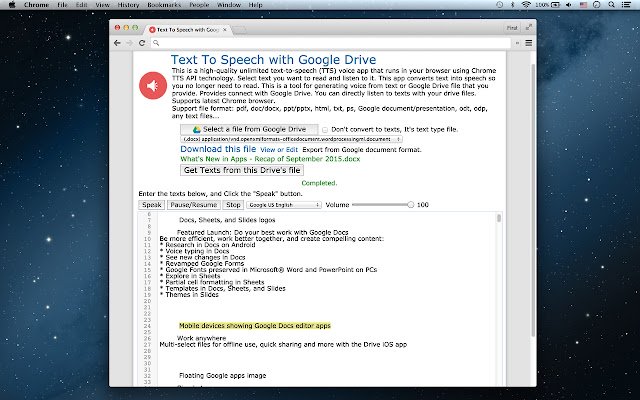 Chuyển văn bản thành giọng nói với Google Drive từ cửa hàng Chrome trực tuyến sẽ chạy bằng OffiDocs Chrome trực tuyến