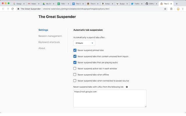 The Great Suspender מחנות האינטרנט של Chrome שיופעל עם OffiDocs Chromium באינטרנט