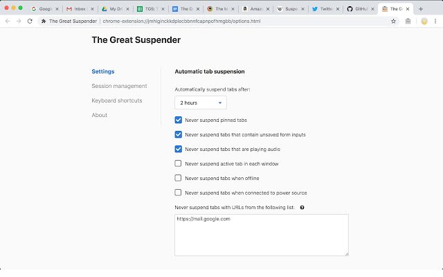 The Great Suspender de la boutique en ligne Chrome à exécuter avec OffiDocs Chromium en ligne