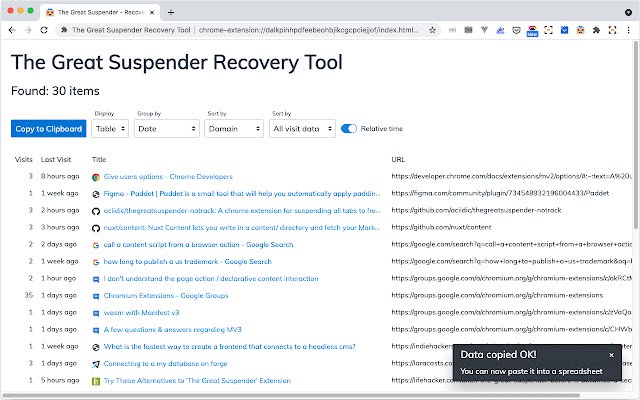 Ang Great Suspender Recovery Tool mula sa Chrome web store na tatakbo sa OffiDocs Chromium online