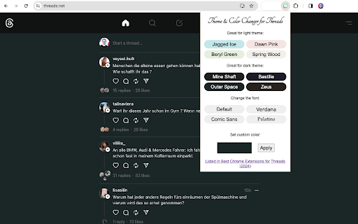 Theme Color Changer for Threads from Chrome web store to be run with OffiDocs Chromium online Theme Color Changer for Threads from Chrome web store to be run with OffiDocs Chromium online