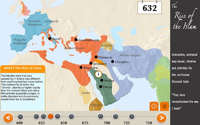 แผนที่ประวัติศาสตร์การเพิ่มขึ้นของศาสนาอิสลามจาก Chrome เว็บสโตร์ที่จะใช้งานร่วมกับ OffiDocs Chromium ออนไลน์