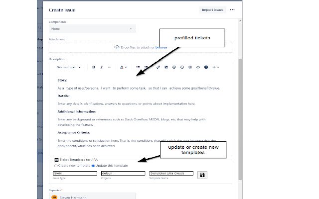 Ticket Templates for JIRA  from Chrome web store to be run with OffiDocs Chromium online