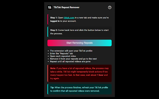 TikTok All Reposted Videos Remover from Chrome web store to be run with OffiDocs Chromium online TikTok All Reposted Videos Remover from Chrome web store to be run with OffiDocs Chromium online