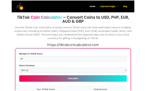 TikTok Coin Calculator  from Chrome web store to be run with OffiDocs Chromium online