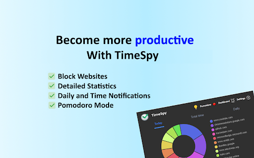 TimeSpy Block Websites, Pomodoro Web Analytics from Chrome web store to be run with OffiDocs Chromium online TimeSpy Block Websites, Pomodoro Web Analytics from Chrome web store to be run with OffiDocs Chromium online