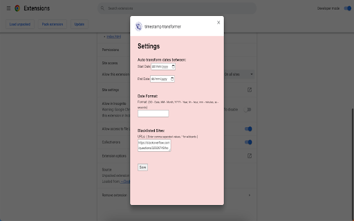 timestamp transformer  from Chrome web store to be run with OffiDocs Chromium online