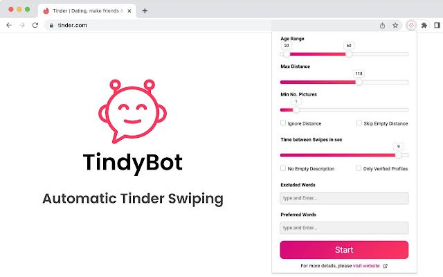 ക്രോം വെബ് സ്റ്റോറിൽ നിന്നുള്ള TindyBot, OffiDocs Chromium ഓൺലൈനിൽ പ്രവർത്തിക്കും