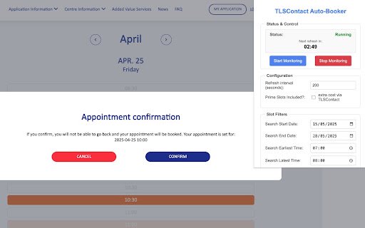 TLSContact Appointment Booker for Schengen Visa  from Chrome web store to be run with OffiDocs Chromium online
