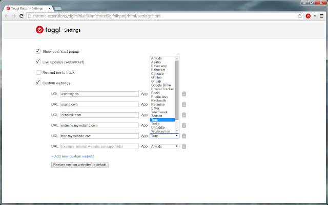 Toggl Button for Custom Websites  from Chrome web store to be run with OffiDocs Chromium online