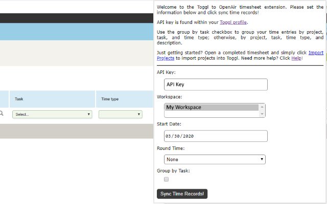 Toggl to OpenAir Timesheets  from Chrome web store to be run with OffiDocs Chromium online