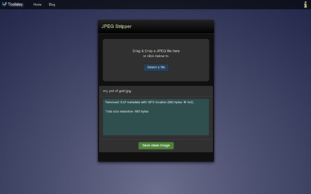 Toolsley JPEG Stripper  from Chrome web store to be run with OffiDocs Chromium online