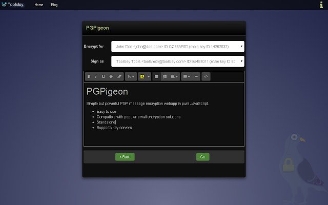 OffiDocs Chromium 온라인에서 실행되는 Chrome 웹 스토어의 Toolsley PGPigeon