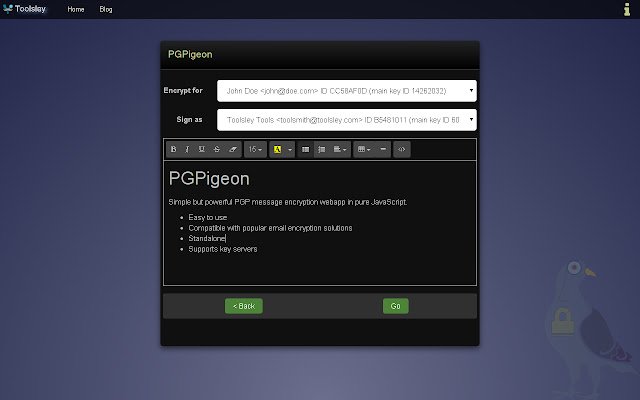 Chrome Web ストアの Toolsley PGPigeon を OffiDocs Chromium オンラインで実行する