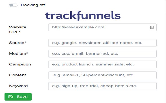 TrackFunnels Google Analytics UTM URL Builder de la boutique en ligne Chrome à exécuter avec OffiDocs Chromium en ligne