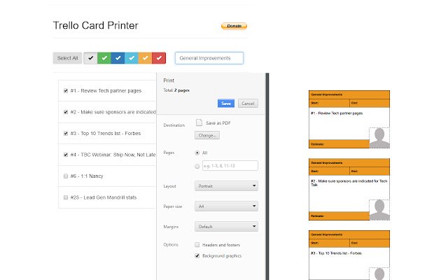 La impresora de tarjetas Trello de Chrome web store se ejecutará con OffiDocs Chromium en línea