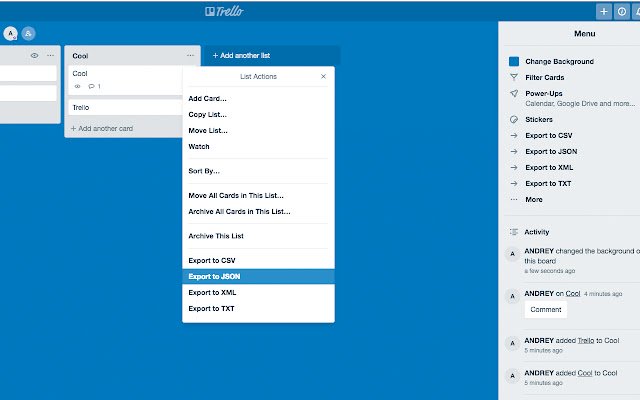 Trello Export depuis la boutique en ligne Chrome à exécuter avec OffiDocs Chromium en ligne